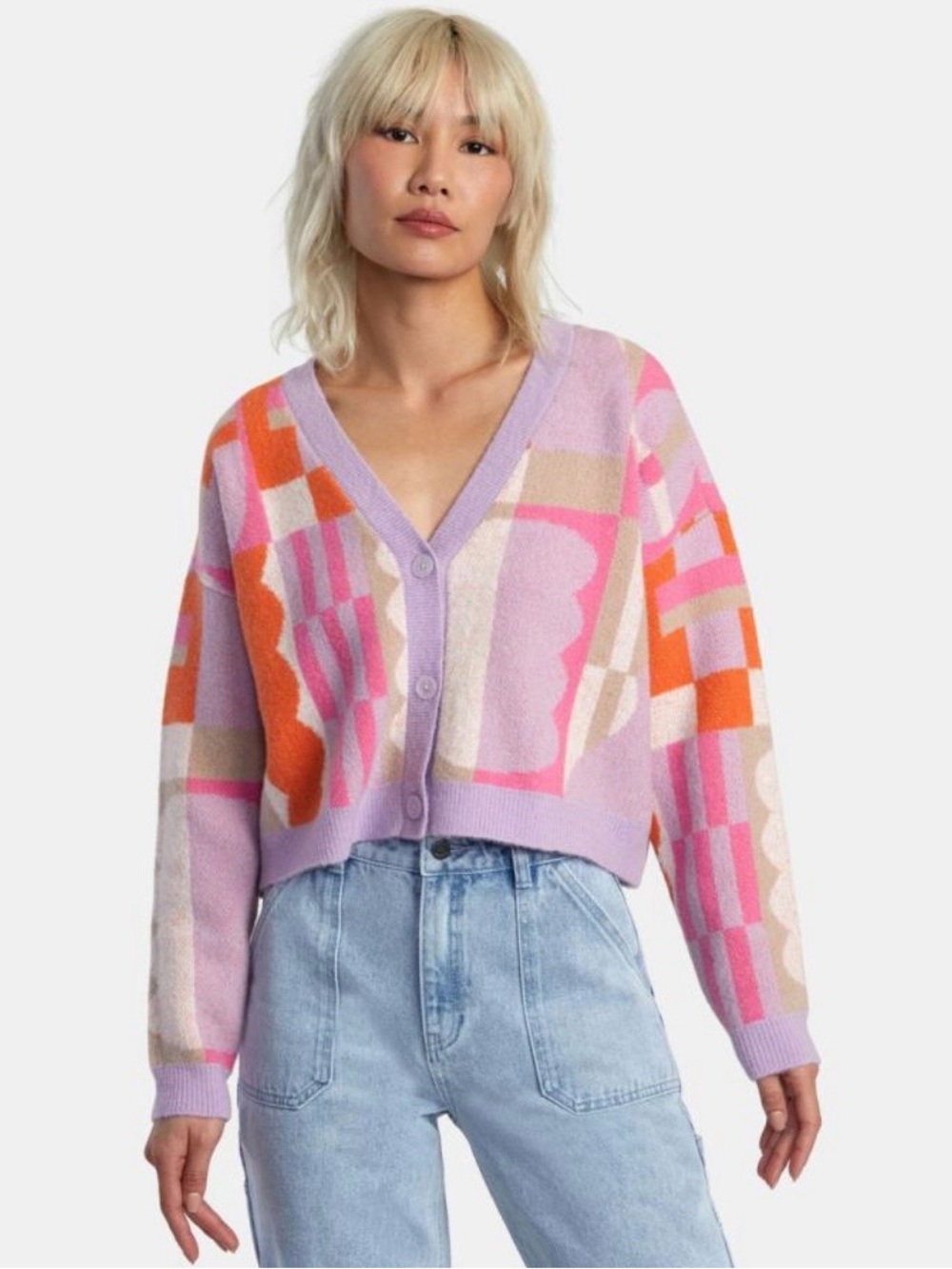 RVCA Purple Pink Orange Retro Abstract Geometric Knit Jesse Brown Cardigan Small